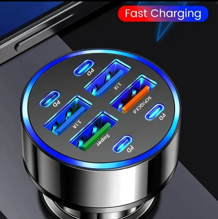 Car Phone Charger Qc3.0 Fast Charging One Drag Eight Multi-Functional Car Conversion Plug PD+USB Car Charger Flash Charging with Digital Display